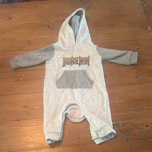 Timberland Light Gray Hooded Baby Onesie 6-9 months